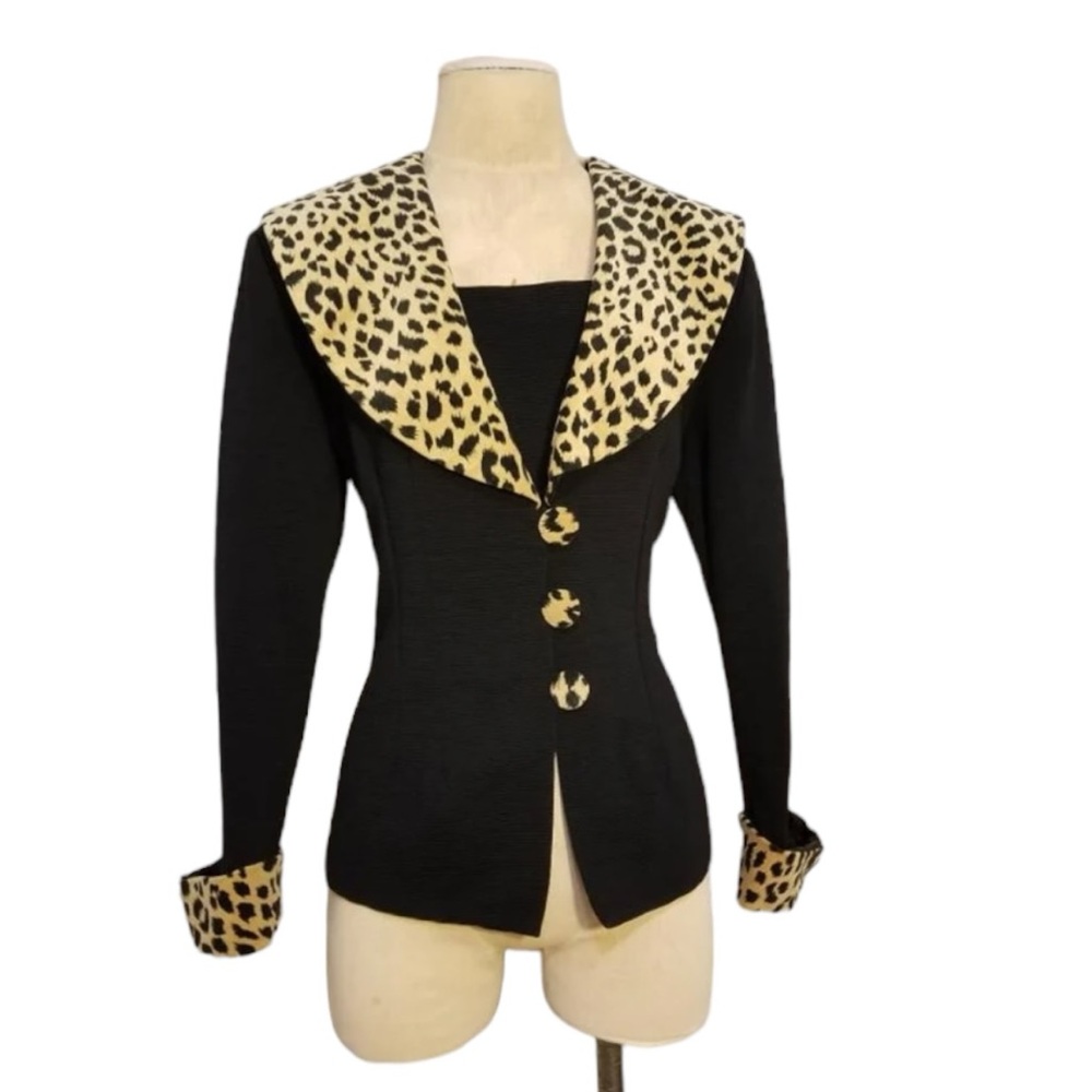 Vintage 80's 90s cheetah leopard Black Ribbed Suit Blazer Jacket Long Sleeve